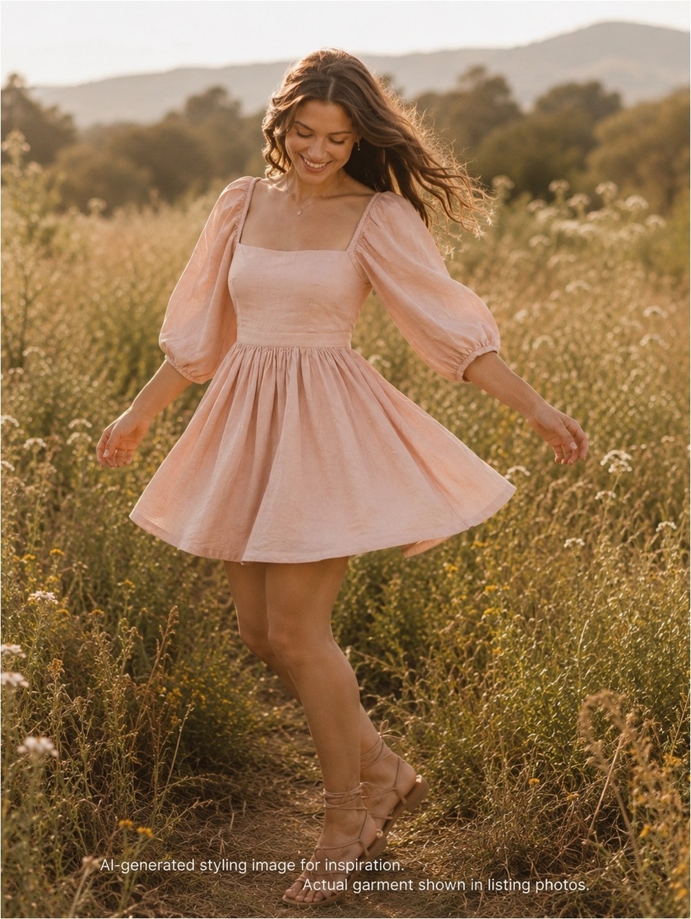 Mable Peach Pink Linen Blend Cutout Back Mini Dress Cottagecore Size S